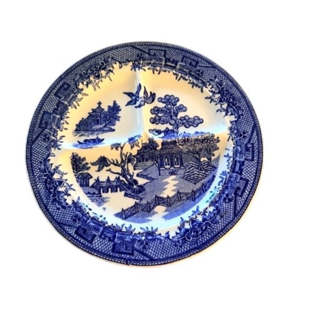 Vintage Sterling China Blue White Divided Plate Scenic 10.25" Chip USA